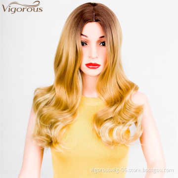 Vigorous Top Quality Long Ombre Dark Root To Blonde Wig Body Wavy Synthetic Wigs For White Women High Temperature